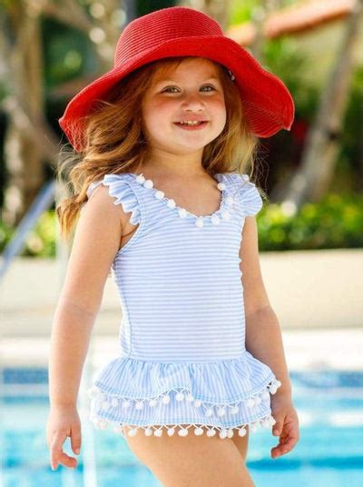 Kids Swimsuits Little Girls Striped Pom Pom Skirt One Piece Swimsuit