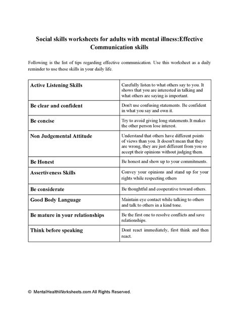 Social Skills Worksheets For Adults With Mental Illnesseffective