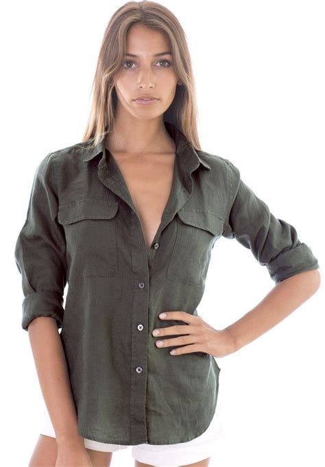 Lete Army Green Relaxed Linen Shirt With Pockets Basic Blouses
