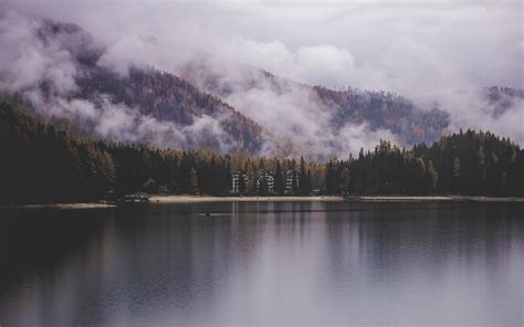 Download Wallpaper 3840x2400 Lake Shore Mountains Clouds Trees