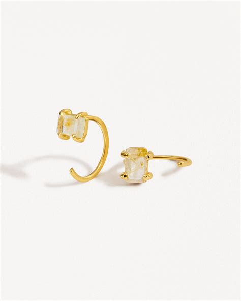 Gold Rutilated Quartz Huggie Hoop Earring Minimal Jewelry Bridal
