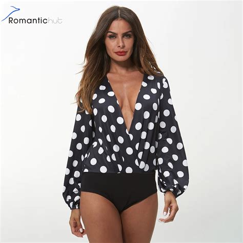 Polka Dot Print Deep V Neck Bodysuits Women Long Sleeve Romper Sexy Girl Bust Knot Femme 2018