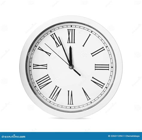 Clock Showing Five Minutes until Midnight Isolated on White. New Year