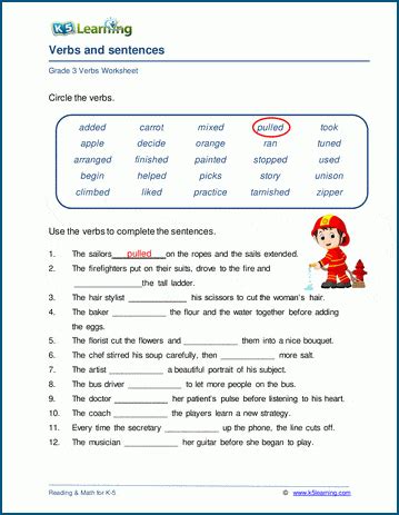 verbs and sentences worksheets k5 learning
