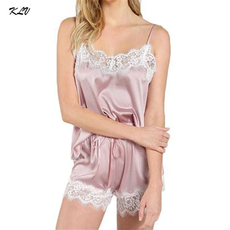 2pc Women Sleepwear Sleeveless Strap Nightwear Sheer Lingerie Lace Trim Satin Cami Top