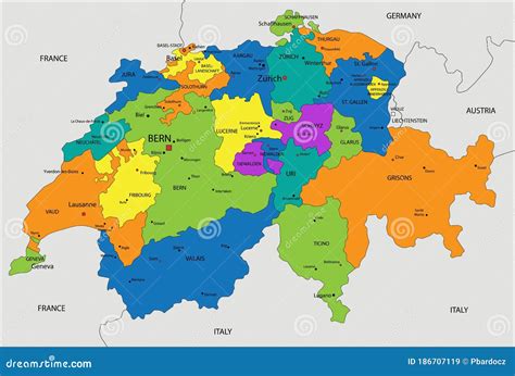 Colorful Switzerland Political Map With Clearly Labeled Separated