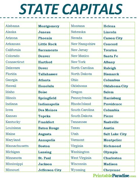 Printable List Of Us State Capitals States And Capitals State
