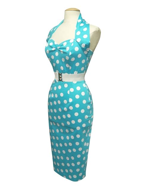 1950s Halterneck Pencil Turquoise Polkadot Dress From Vivien Of Holloway