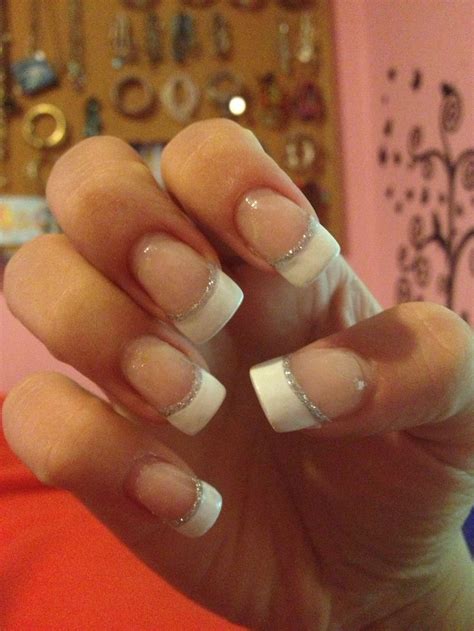 White French Tip Manicure With A Silver Line Acrylic French Tip Design