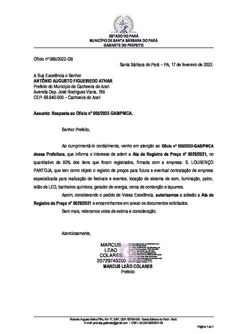 OfÍcio 065 2022 Resp Of 5 2022 Gabinete Prefeito Adesao Ata Cachoeira