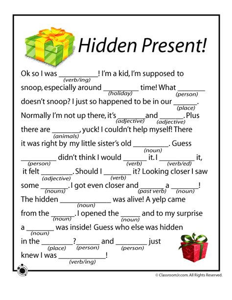 It may be used as an adjective, adverb, verb or noun, related words are so to ad lib is to go off script, or to perform without any concept as to what might happen. Christmas Mad Libs - Hidden Present! | Woo! Jr. Kids ...
