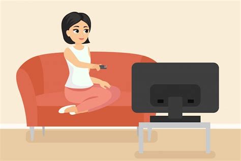 Premium Vector Illustration Of Woman Sitting On Couch Watching Tv