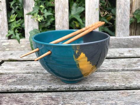 Ceramic Noodle Bowl Handmade Pottery Blue And Gorse Yellow Etsy Uk