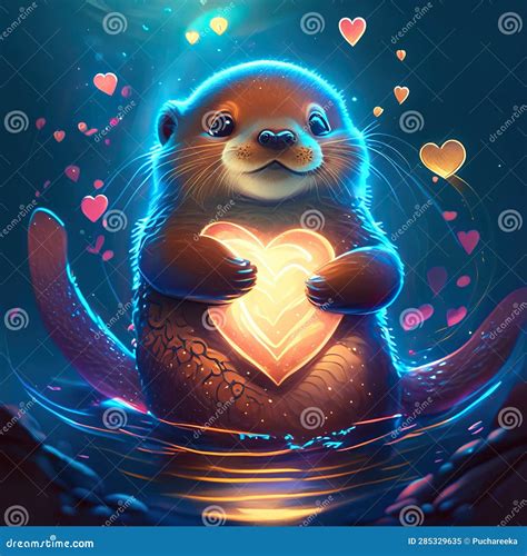 Cute Sea Otter Hugging Heart Cute Cartoon Otter With A Heart In His