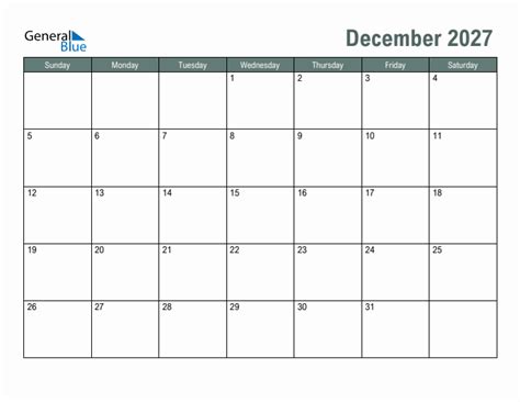 Blank December 2027 Monthly Calendar Template