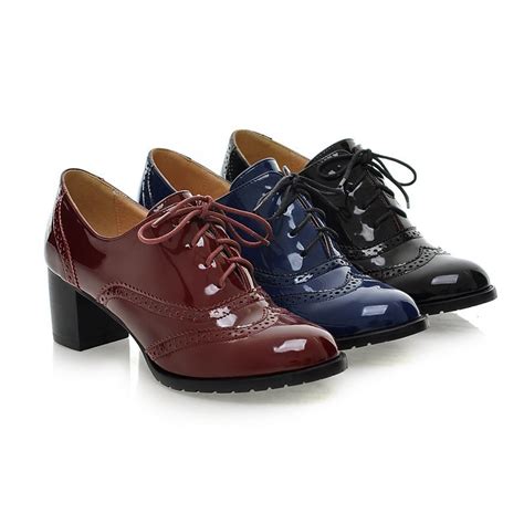 Lace Up Patent Leather Women Chunky Mid Heels Oxford Shoes 8154 Meetfun