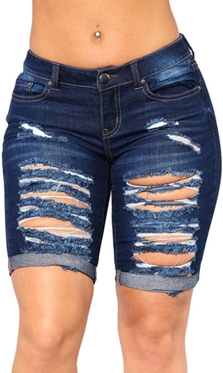 Feeson Womens Summer Turn Up Cuffs Above Knee Length Destroyed Ribbed