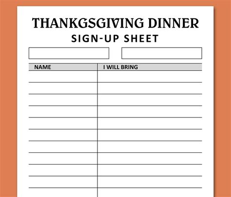 Thanksgiving Dinner Sign Up Sheet Printable Holiday Potluck Brunch