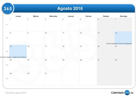 Calendario Agosto 2016