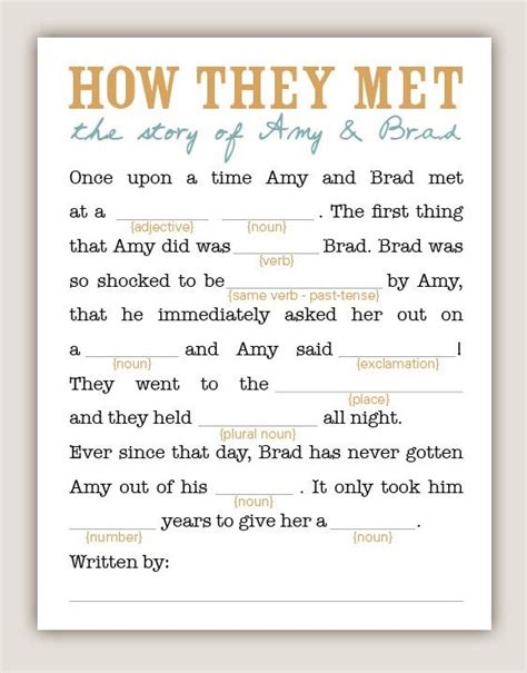 Mad libs provide an entertaining and engaging way to teach kids about nouns, verbs, adjectives, and adverbs, and they can be used to reinforce essential grammar, reading comprehension, and vocabulary skills. Bridal shower game or fun memory cards for guests to leave ...