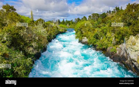 Turquoise Color Water From Huka Falls Strong And Wild Current Stock