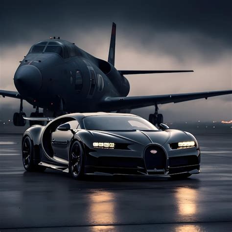 Premium Ai Image Black Bugatti Chiron Car And Private Jet On The Runway
