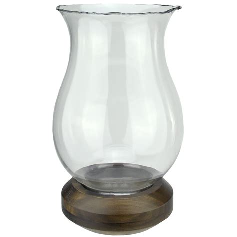 17 Wavy Edged Clear Glass Hurricane Pillar Candle Holder With Wooden