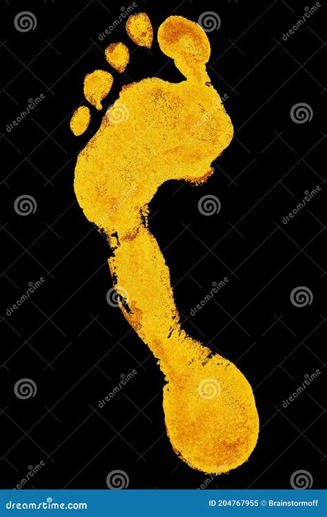 Golden Human Barefoot Footprint On Black Background Isolated Closeup