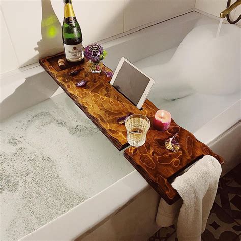 Wooden Bath Caddy Tray With Wine Holder Live Edge Solid Etsy In 2022 Wooden Bath Bath Caddy