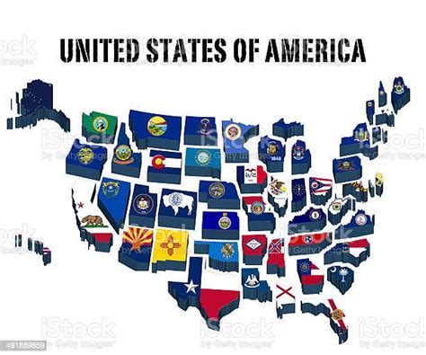 3d Map United States Of America With All State Flags Stock Illustration
