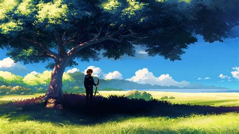 Wallpaper Anime Boys Trees Grass Sky 1920x1080