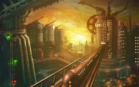 Hd Wallpaper Futuristic Urban Landscape Industrialized City And Train