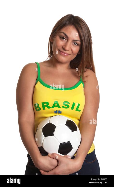 Beautiful Brazilian Girl With Football In Her Hands Waiting For The
