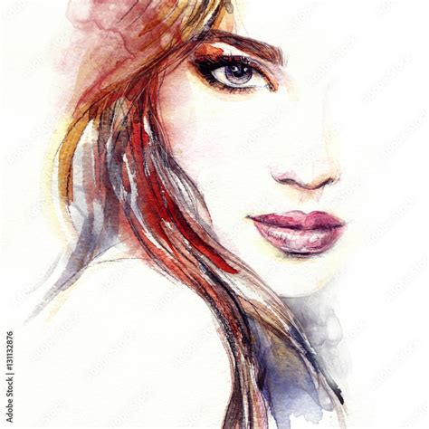 Poster Abstract Woman Face Fashion Illustration Watercolor Painting Nikkel Art