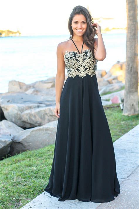Black And Gold Maxi Dress With Embroidered Top Maxi Dresses Saved
