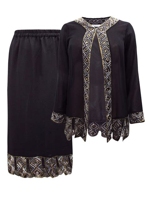 Roamans Roamans Black Bead And Sequin Embellished Skirt And Jacket Set