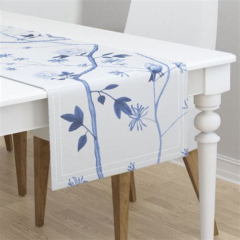 Table Runner Chinoiserie Blue Butterflies Peonies Flowers Cotton Sateen