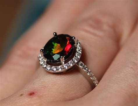 Black Opal Halo Ring Black Fire Opal Ring Opal Bridal Ring Black