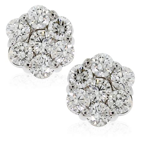 14k White Gold 325ctw Round Diamond Flower Cluster Stud Earrings