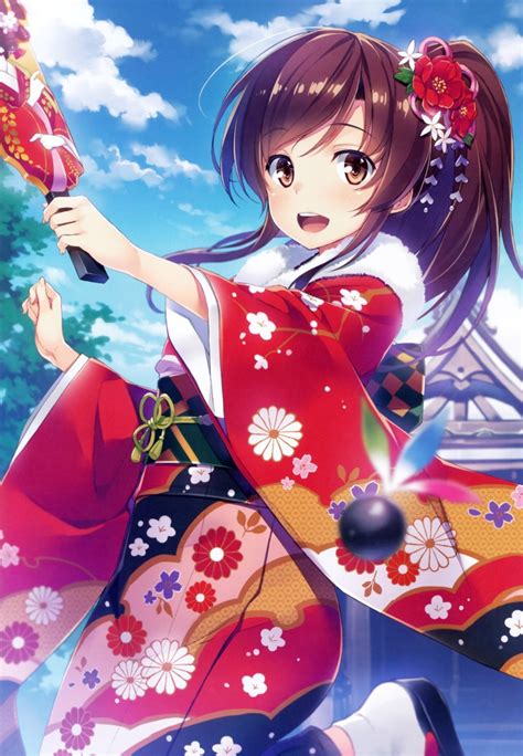 Wallpaper Japanese Clothes Smiling Brown Hair Anime Girl Sky