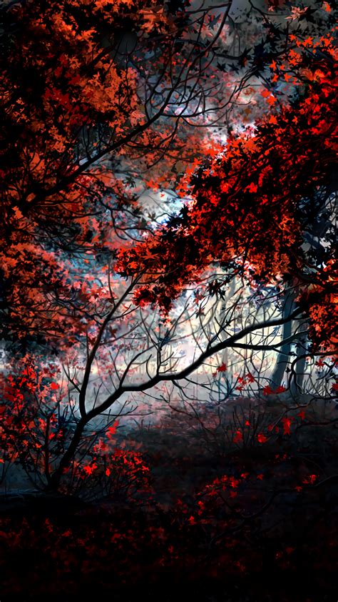 Trees Autumn Red Leaves Forest Artwork 720x1280 Wallpaper