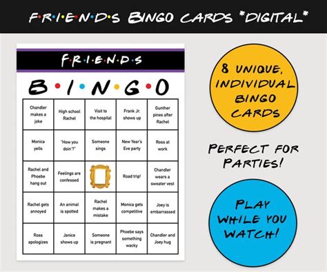 Friends Tv Show Bingo Set Of 8 Digital Printable Instant Etsy