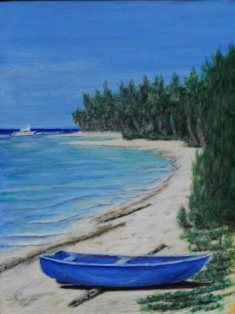Cayman Brac Blue Boat on Beach Painting by Monte Lee Thornton