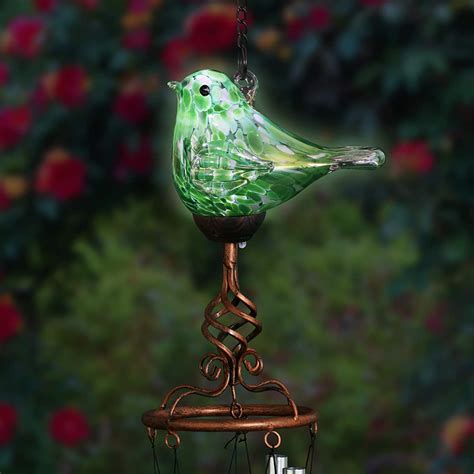 Exhart Solar Green Glass Bird Spiral Finial Wind Chimes Solar Bird Wind Chime Set W Led Lights