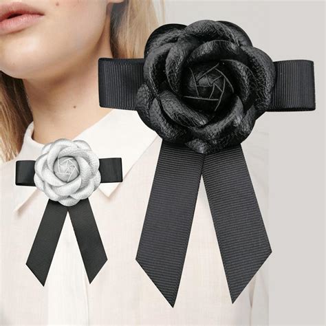 Black Genuine Leather Camellia Flower Bow Brooches For Woman Big Size