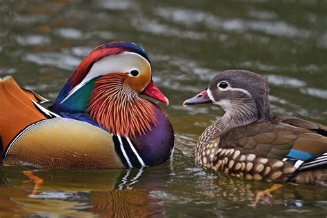 Mandarin Duck A Female On The Right A Male On The Left Pájaros