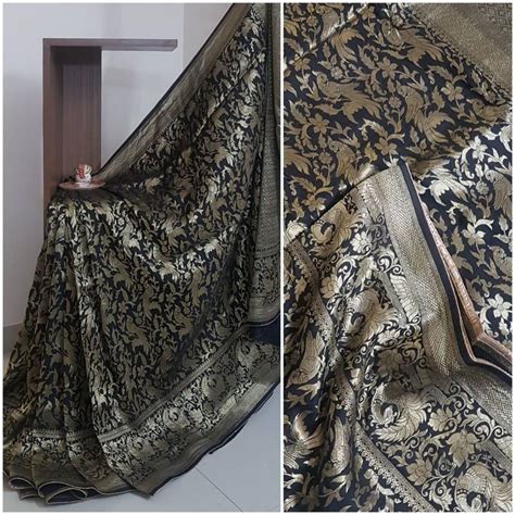Muga silk firstly dyed then bleached. Black pure muga silk benaras brocade - Nivi Weaving Traditions Pvt Ltd - 3152302