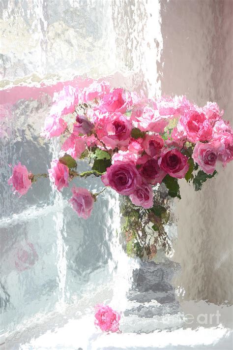 Romantic Impressionistic Pink Roses French Roses In Vase Shabby Chic
