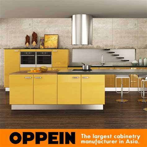 Oppein Modern Yellow Acrylic Wood Kitchen Cabinets With Island Op15