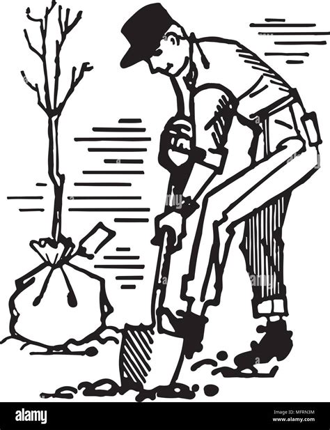 Man Planting Tree Retro Clipart Illustration Stock Vector Image Art